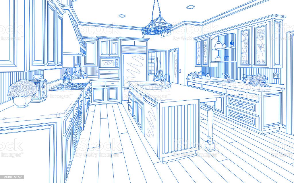 Beautiful Custom Kitchen Design Drawing in Blue on White.