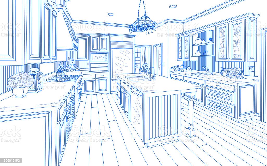 Beautiful Custom Kitchen Design Drawing in Blue on White. Beautiful Custom Kitchen Design Drawing in Blue on White.